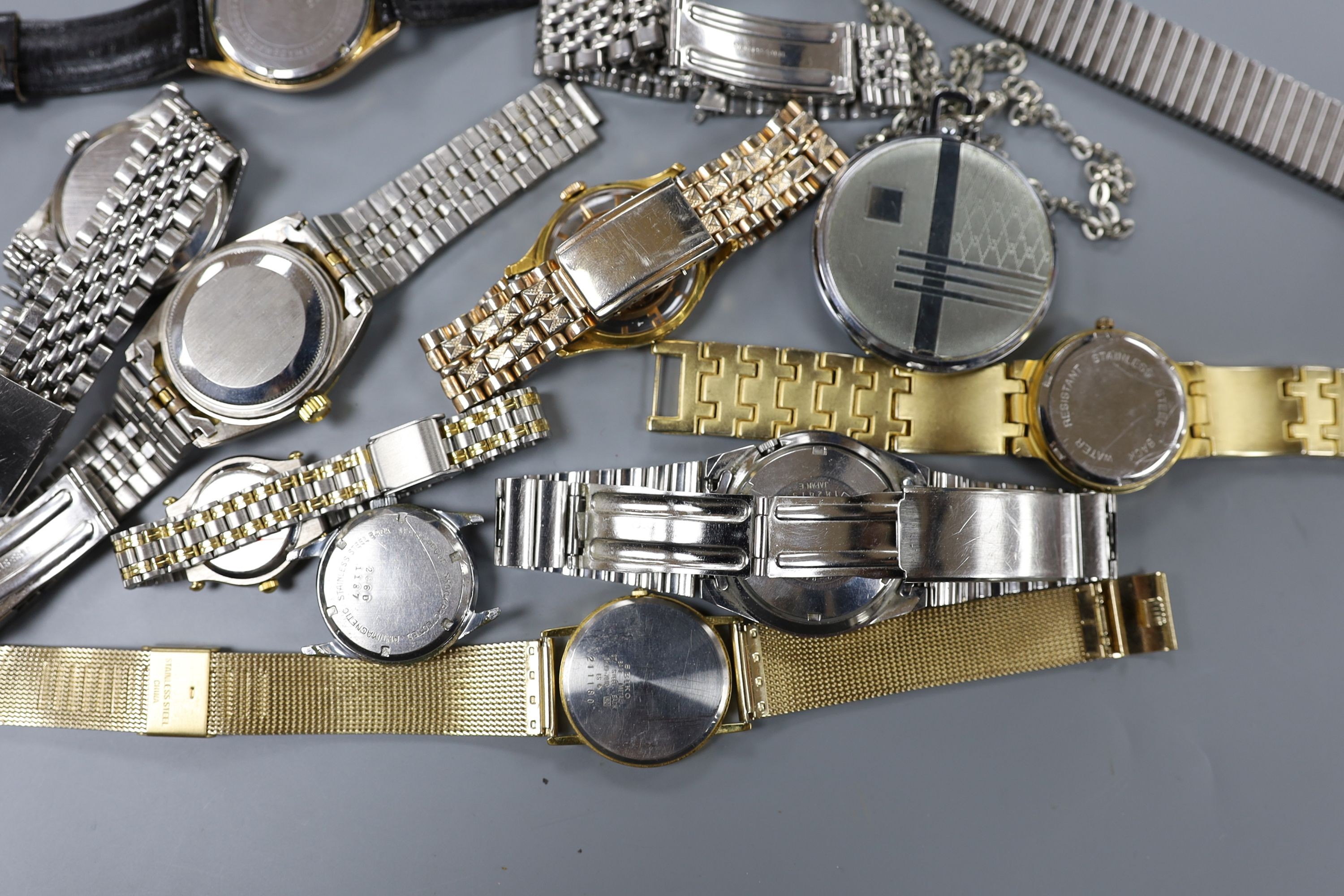 A gentleman's mid 20th century stainless steel Omega manual wrist watch, case diameter 35mm, on associated bracelet, together with eight other assorted wrist watches including Seiko and Silvan, an Oris pocket watch and t